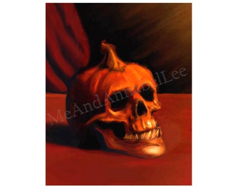 Skull Pumpkin Digital Art Print | Halloween Painting | Instant Download | Jack O Lantern | October Artwork | Gothic Pumpkin Carving