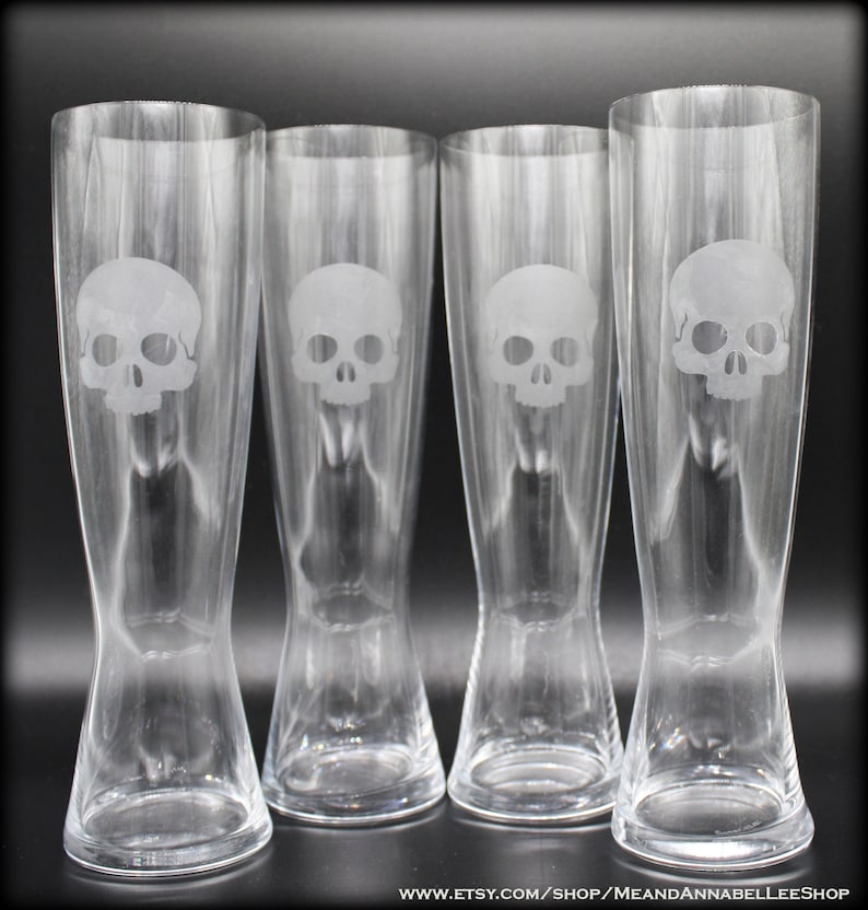 Set of 4 Skull Etched Pilsner Beer Glasses Gothic Glassware Etsy