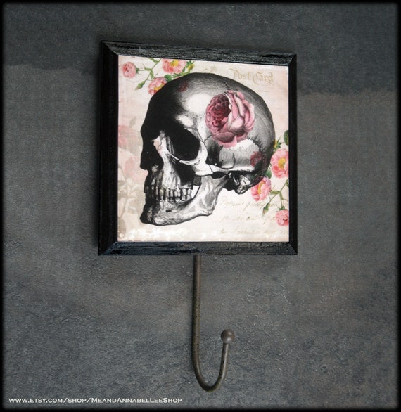 Floral Skull Wall Hook Vintage Anatomical Skull Pink Flowers