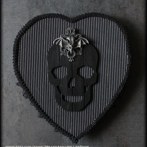 Heart Shaped Box Black Goth Valentine Chocolate Box Gothic Anniversary Gift Anti Valentine's Day Skull and Raven Skull w/ Bat Wings image 4