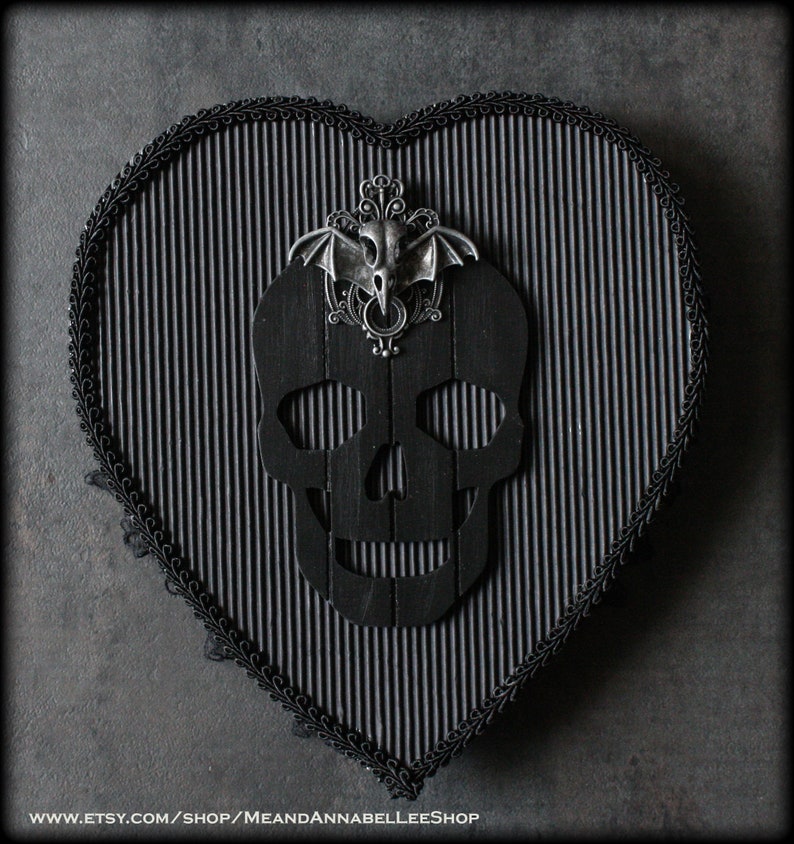 Heart Shaped Box Black Goth Valentine Chocolate Box Gothic Anniversary Gift Anti Valentine's Day Skull and Raven Skull w/ Bat Wings image 4