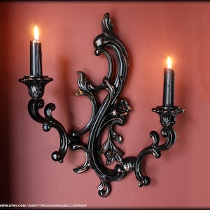 Victorian Gothic Wall Sconce Double Candle Holder | Vintage Dart Ind | Black Metallic Ruby | Goth Home Decor | Ornate Baroque Candlesticks