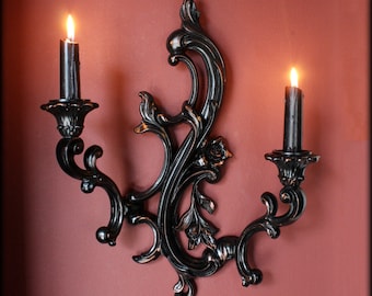 Victorian Gothic Wall Sconce Double Candle Holder | Vintage Dart Ind | Black Metallic Ruby | Goth Home Decor | Ornate Baroque Candlesticks