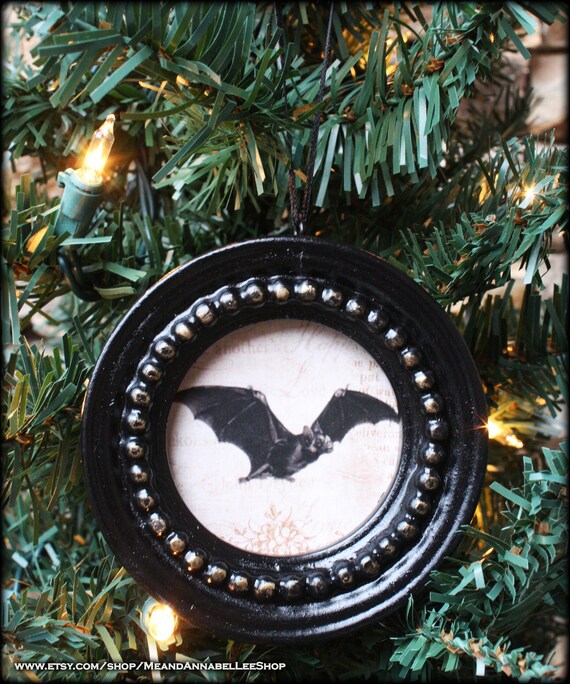 Gothic Christmas Ornament Vampire Bat Hexmas Curiosity Goth Xmas Decorations Halloween Creepy Holiday Framed Vintage Image