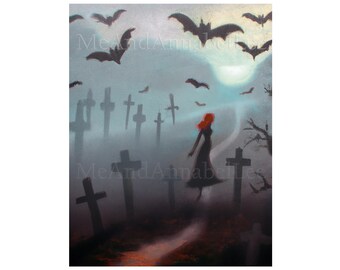 Cemetery Bats Digital Art Print | Red Haired Girl in a Graveyard | Gothic Painting | Instant Download | Haunting Image | Cross Gravestones