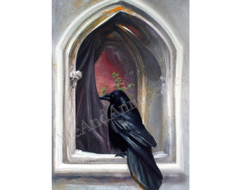 Black Raven Digital Art Print | Castle Window | Painting | Instant Download | Haunting Fairy Tale Image | Quoth the Raven Nevermore