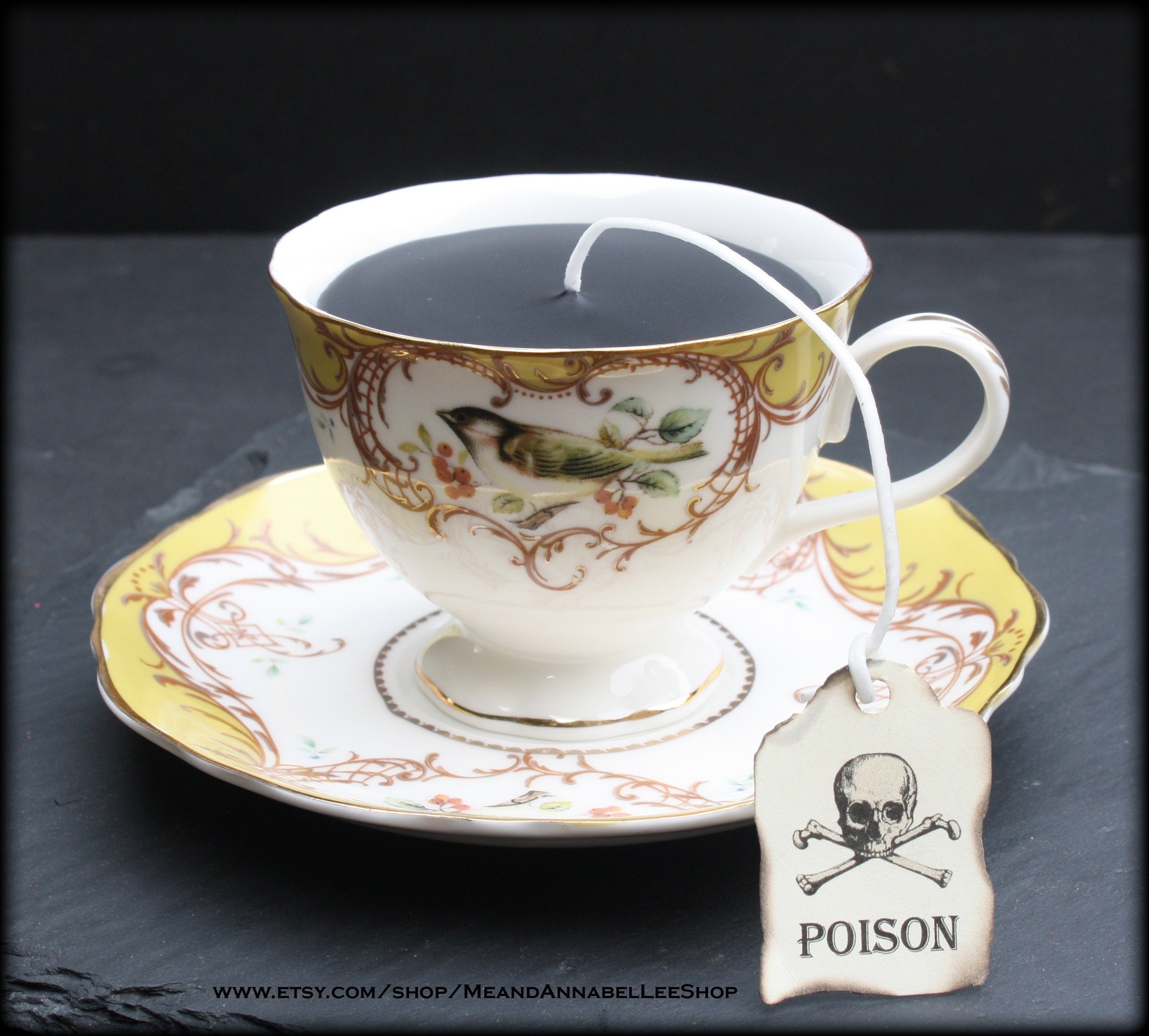 Black Victorian Gothic Tea Cup Candle Yellow Finch Bird Cup Etsy