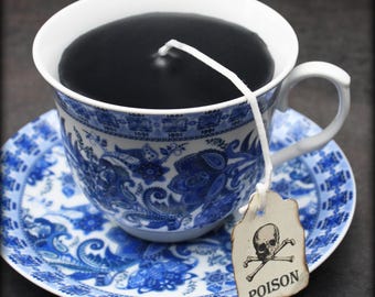 Vela con forma de taza de té, taza y platillo con estampado ornamental azul, vela aromática de naranja, fiesta de té gótica victoriana, decoración gótica para el hogar, estilo rústico francés.
