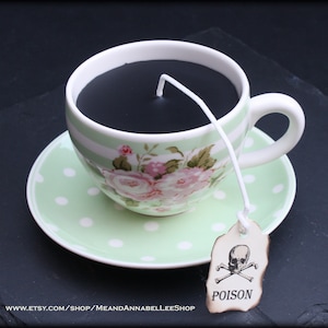 Floral Victorian Gothic Black Tea Cup Candle | Mint Green Stripe Cup & Polka Dot Saucer | Clove Bud Scent | Poison Skull Tag | Spring