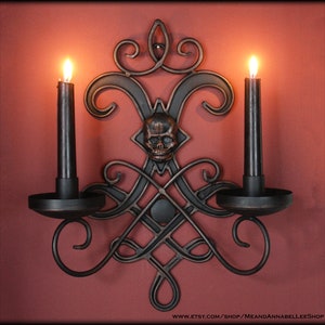Gothic Skull Wall Sconce, Baroque Candle Holder, Goth Home Décor, Ornate Medieval Double Candlestick, Halloween Decoration, Old World Gothic
