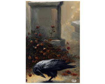 Cemetery Digital Art Print | Gothic Painting | Instant Download | Haunting Image of Black Raven and Gravestone | Quoth the Raven Nevermore