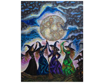 Witches Dancing in the Full Moon Digital Art Print | Halloween Painting | Instant Download | Casting Spells | Pagan | Salem | Coven Ritual