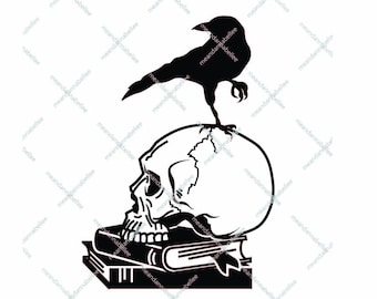 Raven on Skull on Stack of Books Image | Digital Clipart | Instant Download | Edgar Allan Poe | Halloween | Gothic | One Color Cricut Image