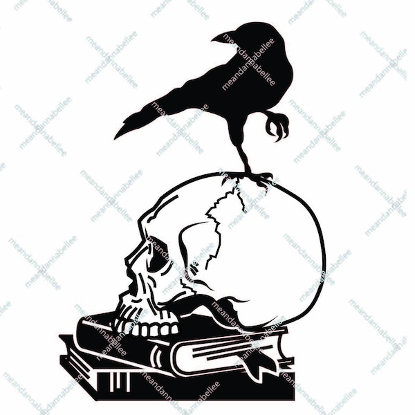 Raven on Skull on Stack of Books Image | Digital Clipart | Instant Download | Edgar Allan Poe | Halloween | Gothic | One Color Cricut Image