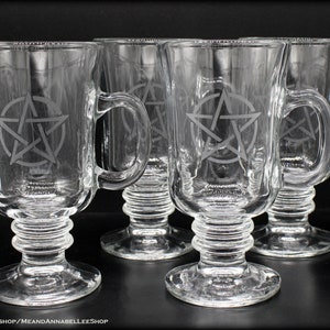 Pentagram Etched Glass Mugs | Witches' Hot Toddy Glassware Set of 4 | Irish Coffee | Hot Cocoa | Witchcraft | Pagan | Wiccan | White Magick