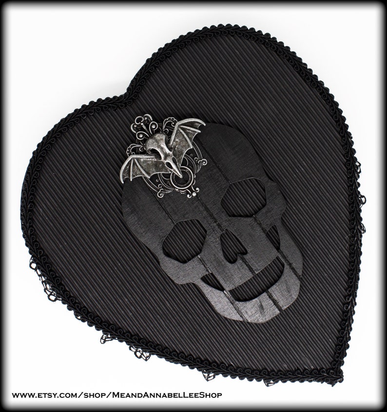 Heart Shaped Box Black Goth Valentine Chocolate Box Gothic Anniversary Gift Anti Valentine's Day Skull and Raven Skull w/ Bat Wings image 3