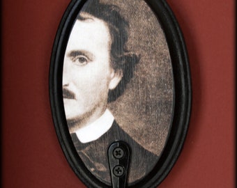 Edgar Allan Poe Wall Hook | Black Wooden Oval Wall Hanger | Goth Home Decor | Classic Horror Door Hook | Gothic Literature | Poet | Bookworm