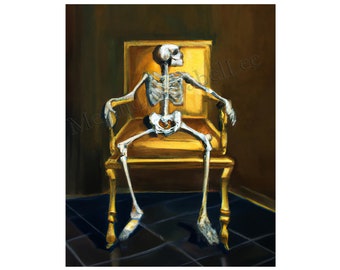 Skeleton in a Gold Chair Digital Art Print | Gothic Painting | Instant Download | Macabre Artwork | Halloween