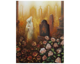 Ghost in a Graveyard Digital Art Print | Gothic Painting | Instant Download | Haunting Image | Gravestones | Amber Fog | Autumn Roses