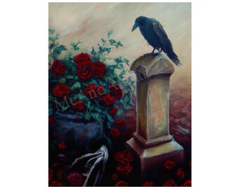 Raven on Tombstone Digital Art Print | Gothic Painting | Instant Download | Haunting Image | Cemetery Gravestone | Quoth the Raven Nevermore