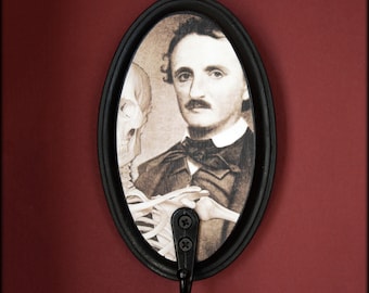 Edgar Allan Poe & Skeleton Wall Hook | Vintage Image | Black Wooden Wall Hanger | Goth Home Decor | Horror | Gothic Literature | Victorian