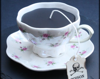 Victorian Gothic Black Tea Cup Candle | Pink Floral Rose Cup & Saucer Set | Blackberry Sage Tea Scent | Poison Skull Tea Tag | Spring gift