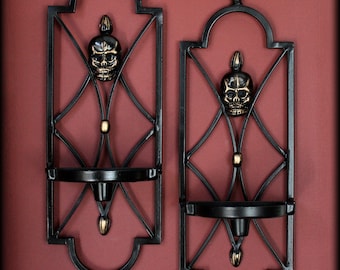 Gothic Skull Wall Sconce Candle Holders Pair | Black and Antique Gold | Goth Home Decor | Halloween | Medieval Castle | Pillar Candles