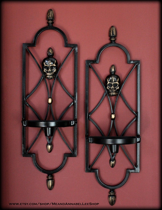 Gothic Skull Wall Sconce Candle Holders Pair | Black and Antique Gold | Goth Home Decor | Halloween | Medieval Castle | Pillar Candles