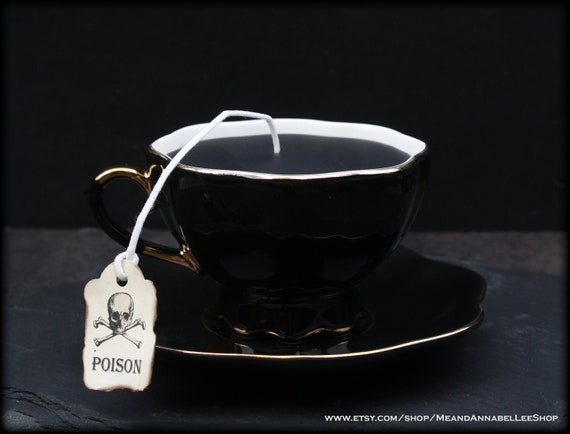 Victorian Gothic Tea Cup Candle | Black with Gold Accent Cup & Saucer | Vanilla or Rosemary Currant Scent | Poison Skull Tea Tag | Tea Party