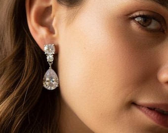 Crystal Tear Drop Silver Dangle Earrings