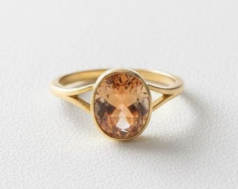Amber Oval Stone Silver Ring Adjustable Minimal Design