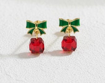 Gold Bow Czech Glass Drop Earrings