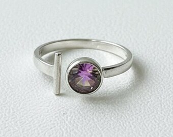 Minimal Silver Adjustable Ring with Purple Czech Glass Stone