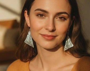 Silver Mesh Diamond Drop Earrings – Long Statement Design