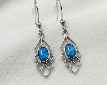 Blue Opal Silver Dangle Earrings