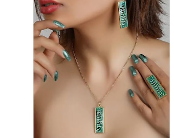 Green Tile Brass Ring, Persian Calligraphy, Rumi Poem, Earing and necklace