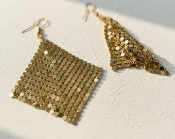 Gold Mesh Dangle Earrings • Statement Diamond Shape