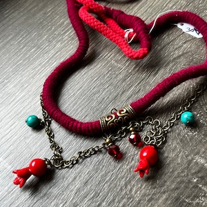 Persian Handmade Cotton Colorful Chain Unique long Necklace Yalda Red REAL Pomegranate Fixed color Farsi Modern Eshgh Love Janan Red Fabric