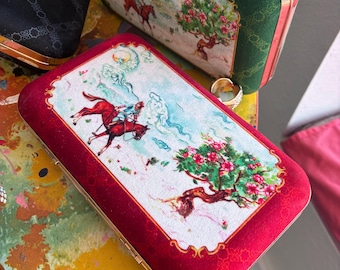 Persian Polo Game Velvet Clutch Bag: Handmade Calligraphy Purse