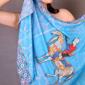 Persian Calligraphy Poem Molana Rumi Soft 100% Cotton Scarf Lightweight BLUE CHOGAN Miniature HandMade Farsi Modern Shawl Wrap All Season