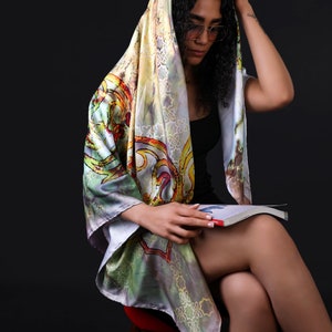 Persian Calligraphy Molana Poem Blue Green Abstract Soft 100% Cotton Scarf Lightweight Miniature HandMade Farsi Modern Shawl Wrap All Season