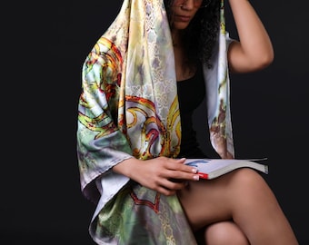 Persian Calligraphy Molana Poem Blue Green Abstract Soft 100% Cotton Scarf Lightweight Miniature HandMade Farsi Modern Shawl Wrap All Season