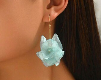 Light Blue Fabric Floral Tassel Earrings, Vintage Boho Statement Jewelry