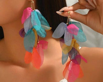Fabric Tassel Earrings, Rainbow Floral Boho Statement Jewelry
