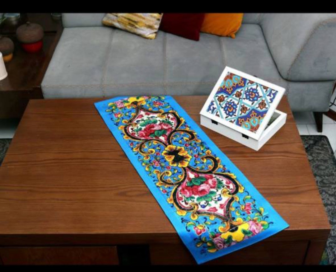 Persian Calligraphy Poem Velvet Cotton Table Runner: Farsi Tile Design ...