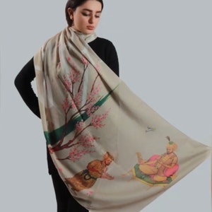 Persian Calligraphy Molana Poem Beige White khajeh Soft 100% Cotton Scarf Lightweight Miniature HandMade Farsi Modern Shawl Wrap All Season