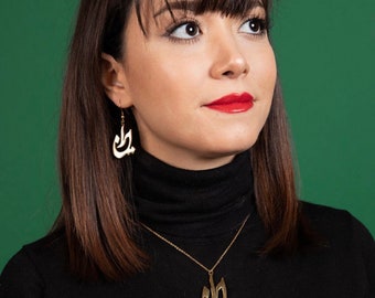 Persian Calligraphy Golden IRAN ایران SET Unique Necklace earrings Molana Rumi Stainless Steel Farsi Modern Eshgh Love Chain thick long