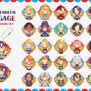 May include: A set of 24 Fire Emblem Engage character charms, each measuring 4 cm in diameter. The charms feature various characters from the game, including male and female characters, with different colored hair, clothing, and accessories. The charms are designed in a cartoon style and are perfect for fans of the Fire Emblem series.