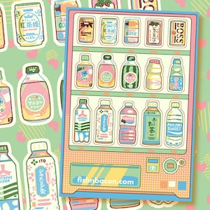 May include: A sticker sheet featuring a vending machine design with various Japanese beverage illustrations. The sticker sheet includes cans and bottles of drinks with Japanese text and the website fishnbacon.com.