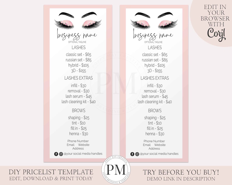 Lashes Price List Custom Salon Menu Price List Template Etsy